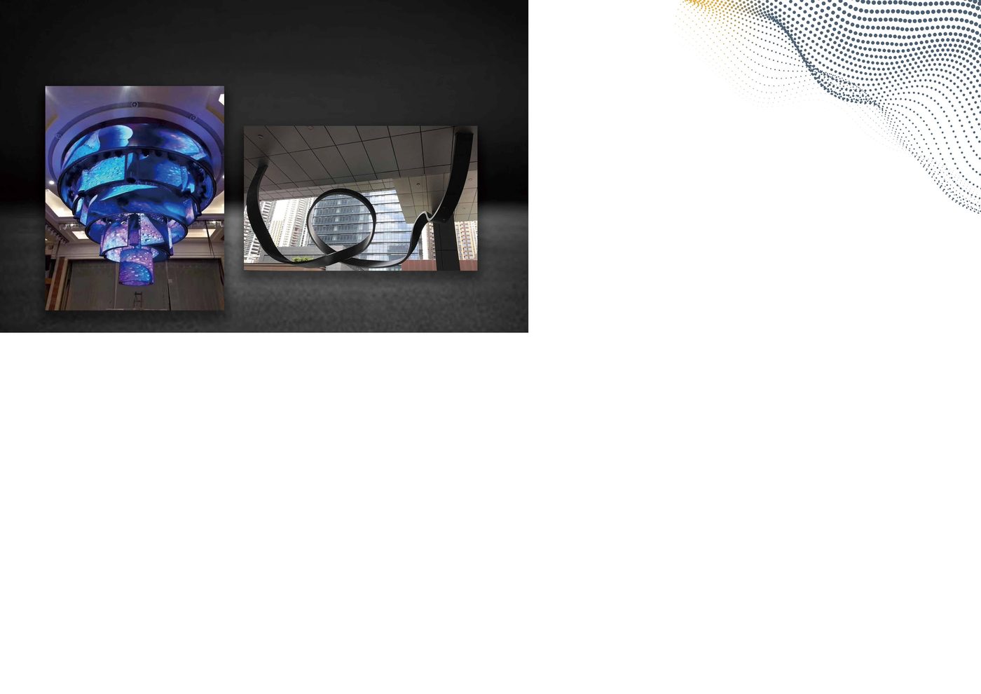 Instalação de LED customizada em formato circular tipo lustre e estrutura em fita curva para ambiente corporativo
