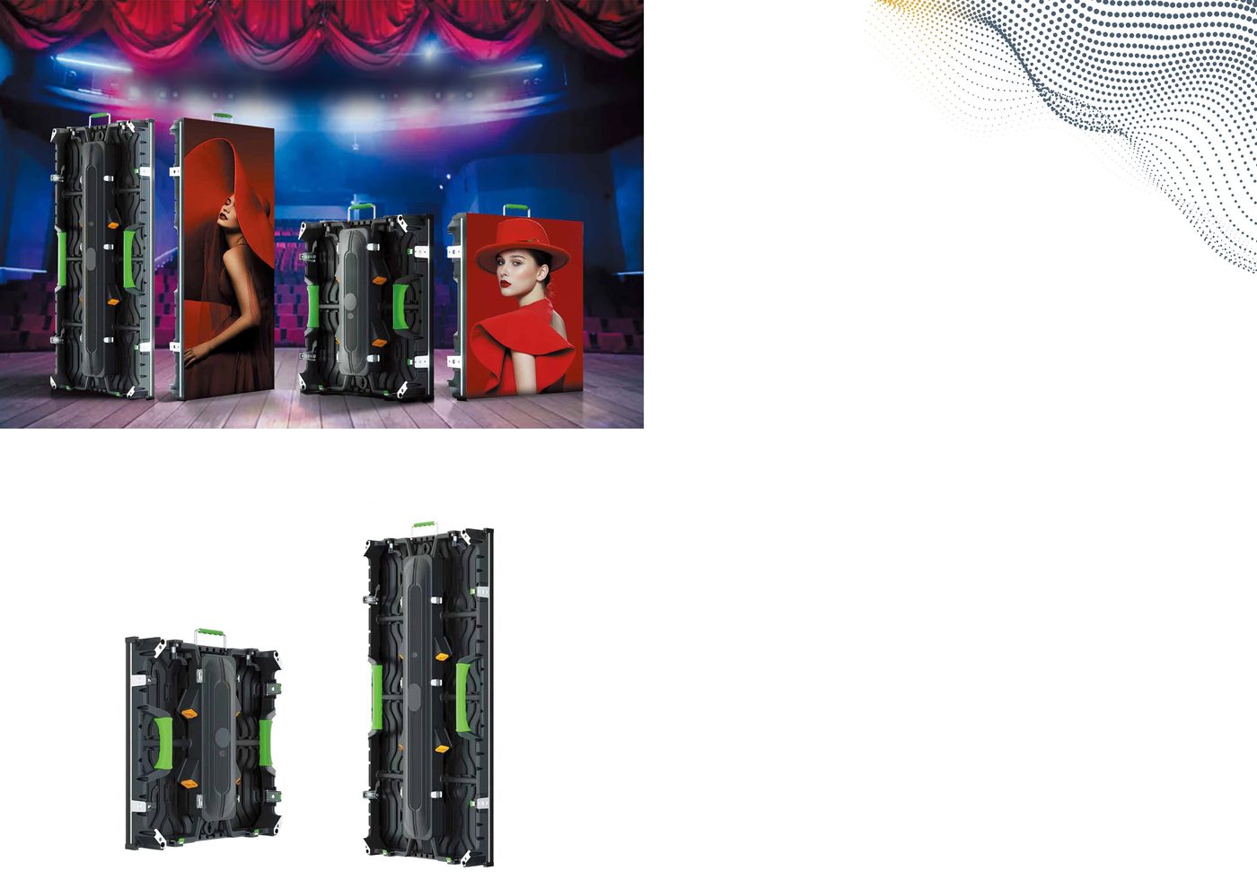 Painéis de LED modulares para eventos montados em palco com cortinas de teatro, exibindo conteúdo de moda
