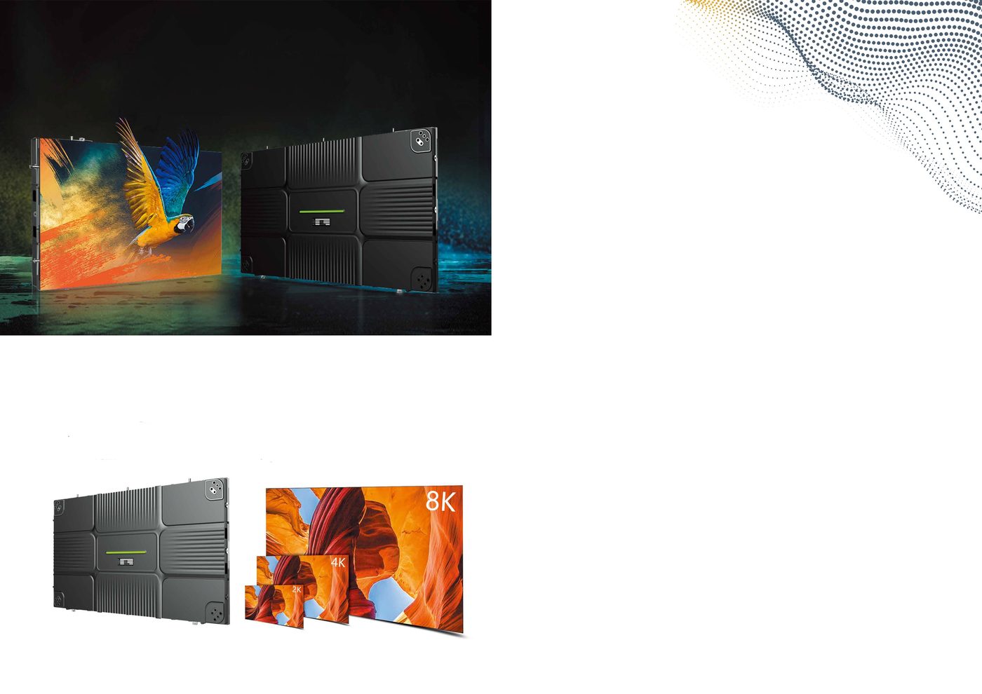 Painel de LED Fine Pitch exibindo imagem de arara colorida, com detalhe do módulo traseiro e comparação de resolução 4K/8K