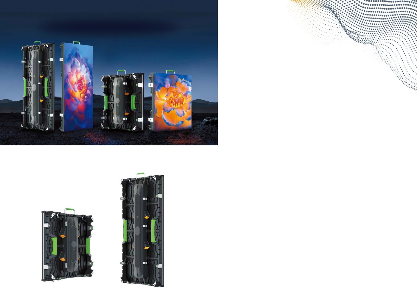 Painéis de LED para aluguel exibindo imagem de flores, montados ao ar livre ao entardecer com paisagem de montanhas ao fundo